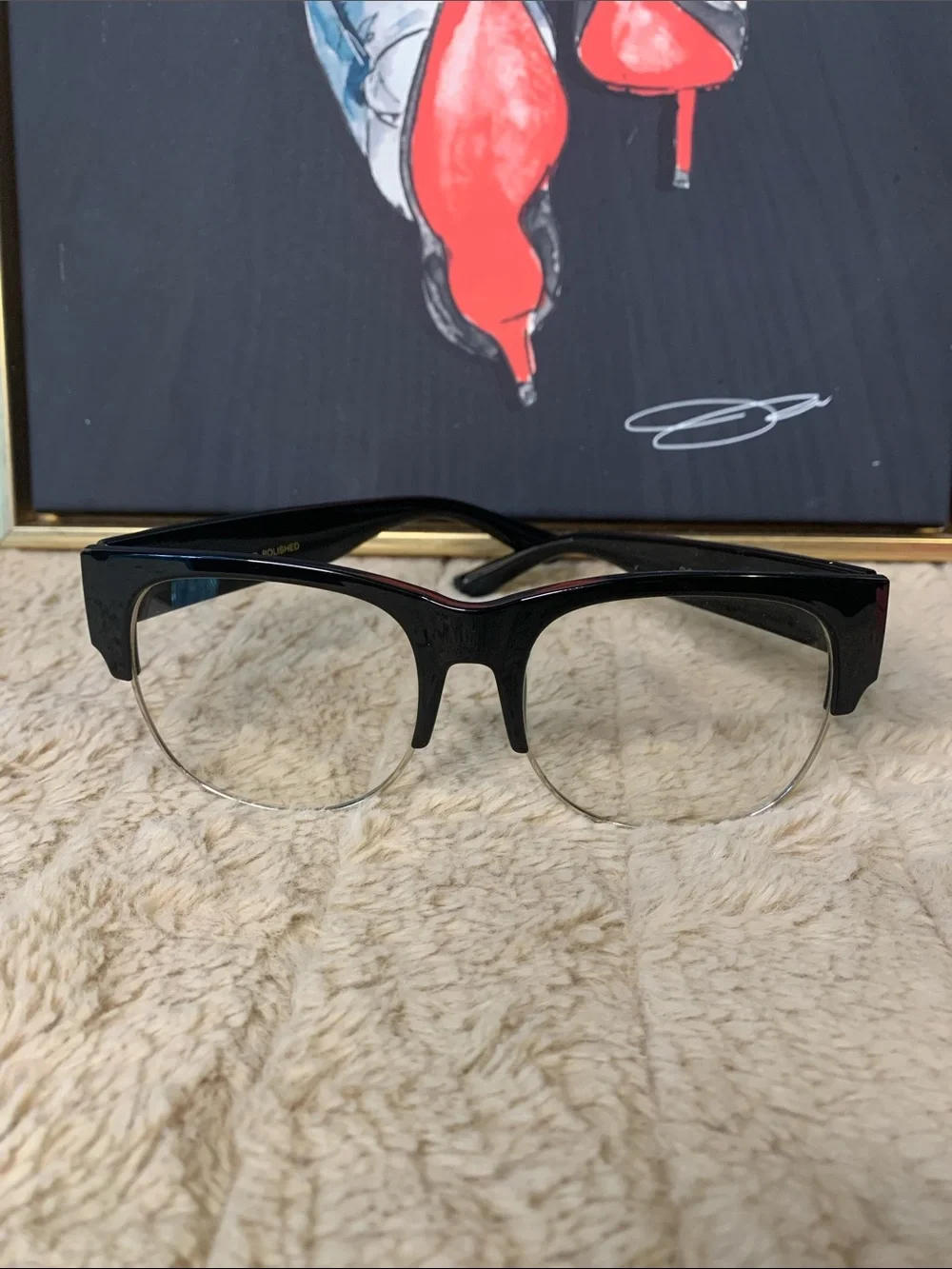Women’s Semi-Rimless Black Eyeglasses with Subtle Red Trim